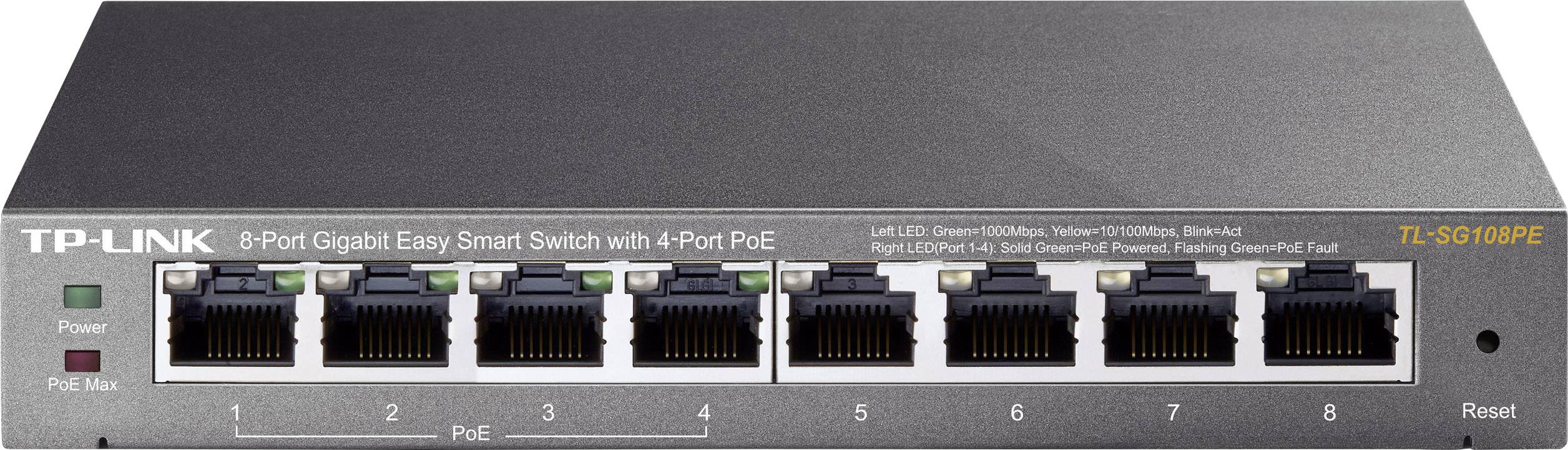 Een TP-Link 8-Poorts Gigabit Smart Switch met 4 PoE-Poorten, Model TL-SG108PE. Ontworpen voor netwerken, LED's geven status aan.
