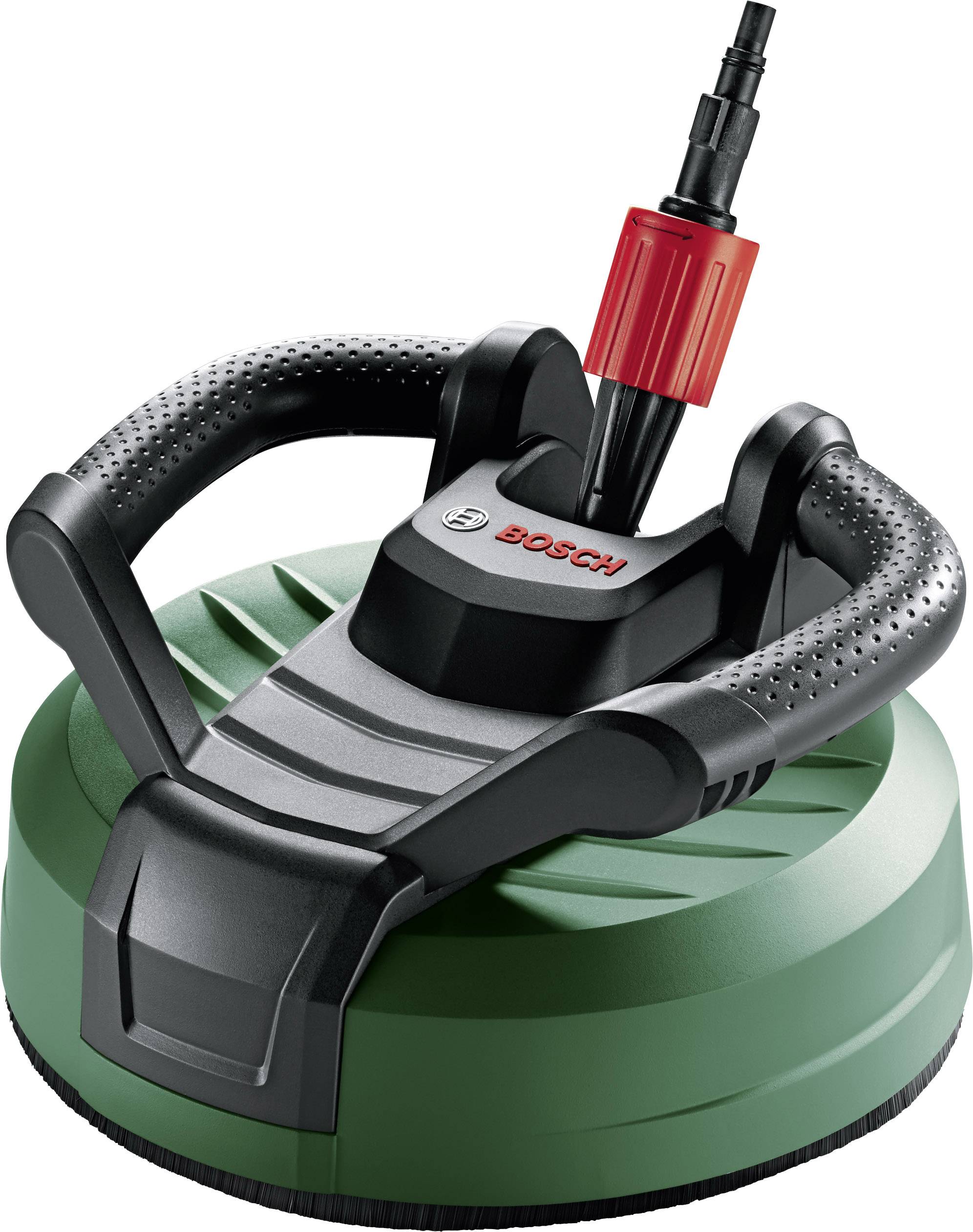 Groene hogedrukreiniger-opzetstuk van Bosch met twee ergonomische handgrepen en een rode snelkoppeling. Ideaal voor efficiënte reiniging.
