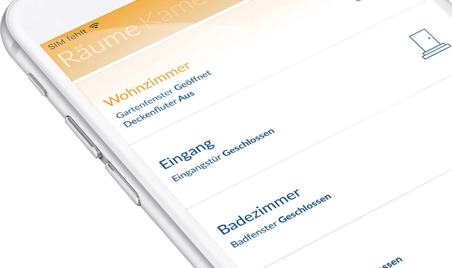 Smartphone toont app-interface met ruimteoverzicht: woonkamer, entree en badkamer. Status van deuren en ramen weergegeven.