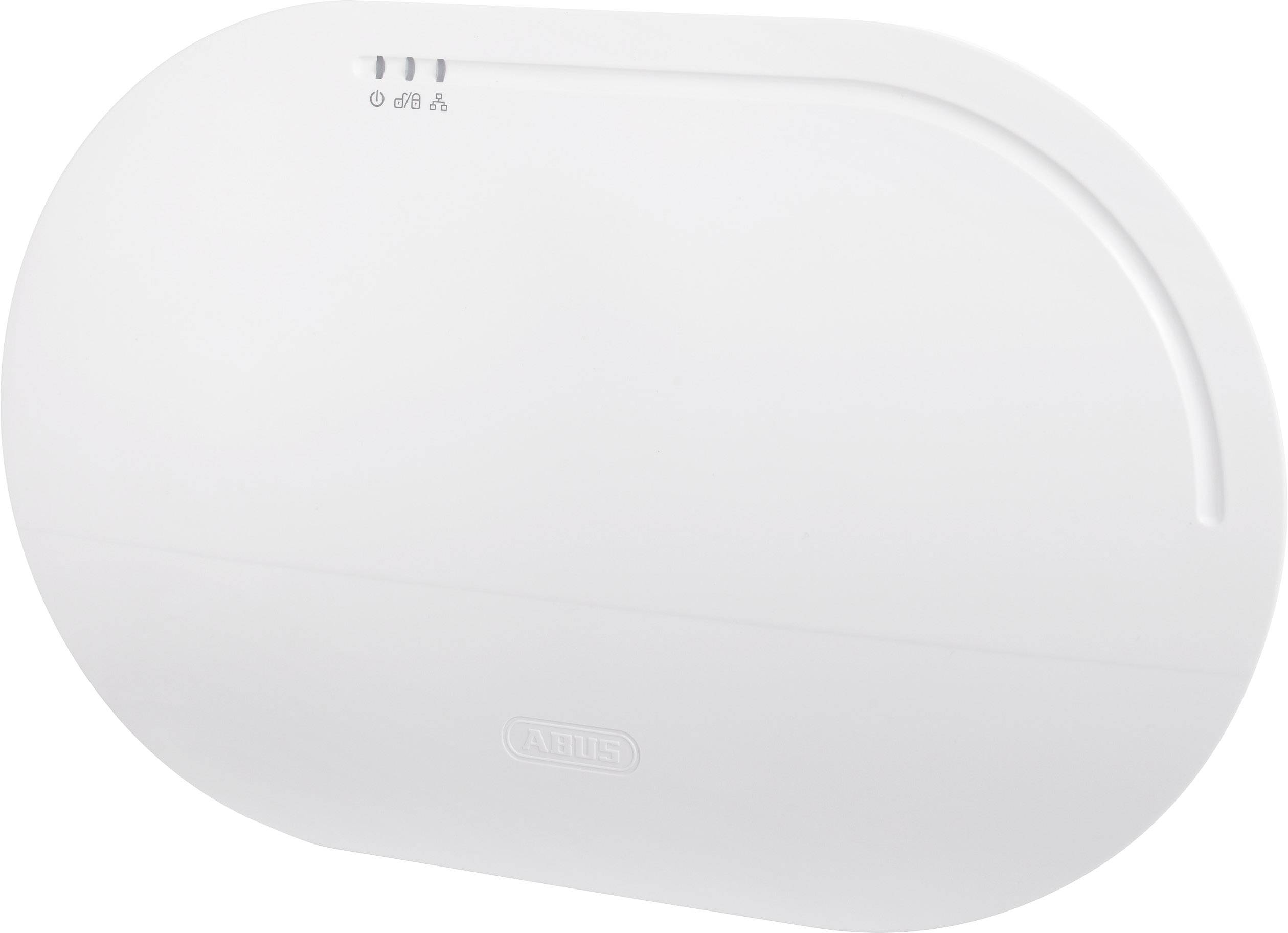 Een witte ABUS-rookmelder met een ovale vorm. Bovenaan bevinden zich controlelampjes voor batterij en alarm.