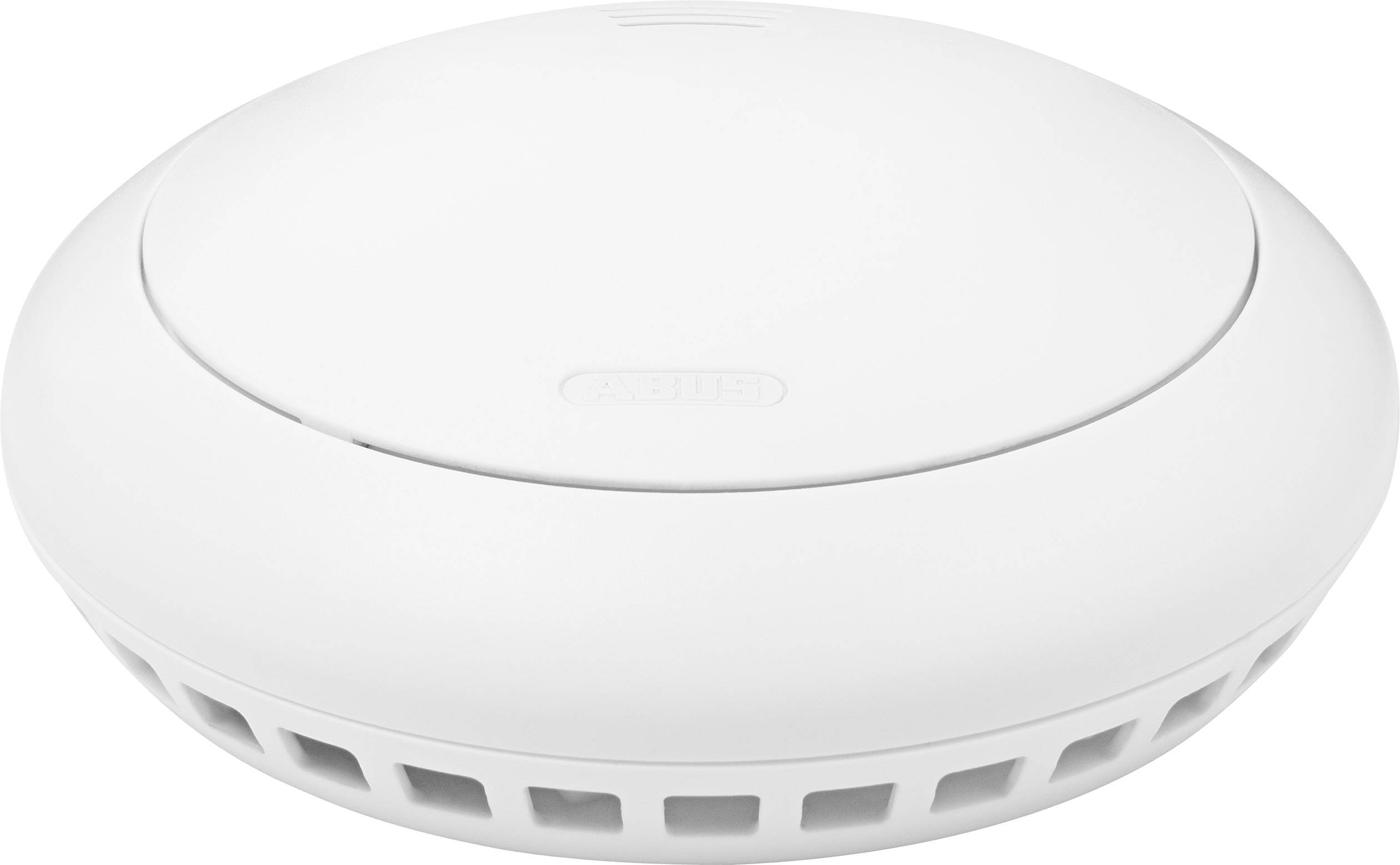 Ronde, witte rookmelder met zijdelingse ventilatiesleuven op witte achtergrond.