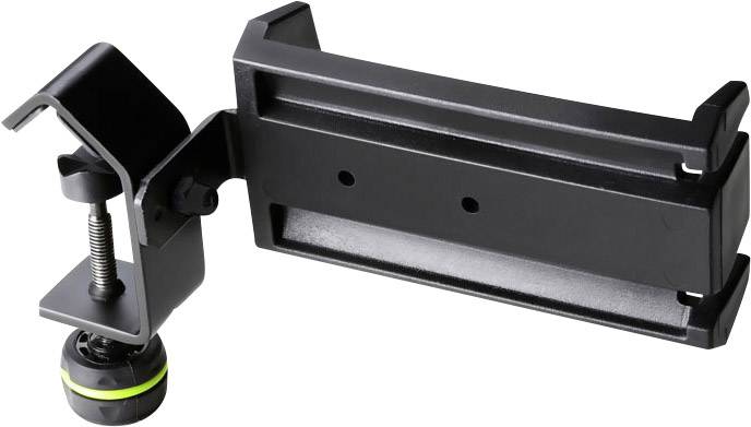 Zwarte, verstelbare metalen houder, geschikt voor bevestiging aan tafels of andere vlakke oppervlakken, met schroefmechanisme.