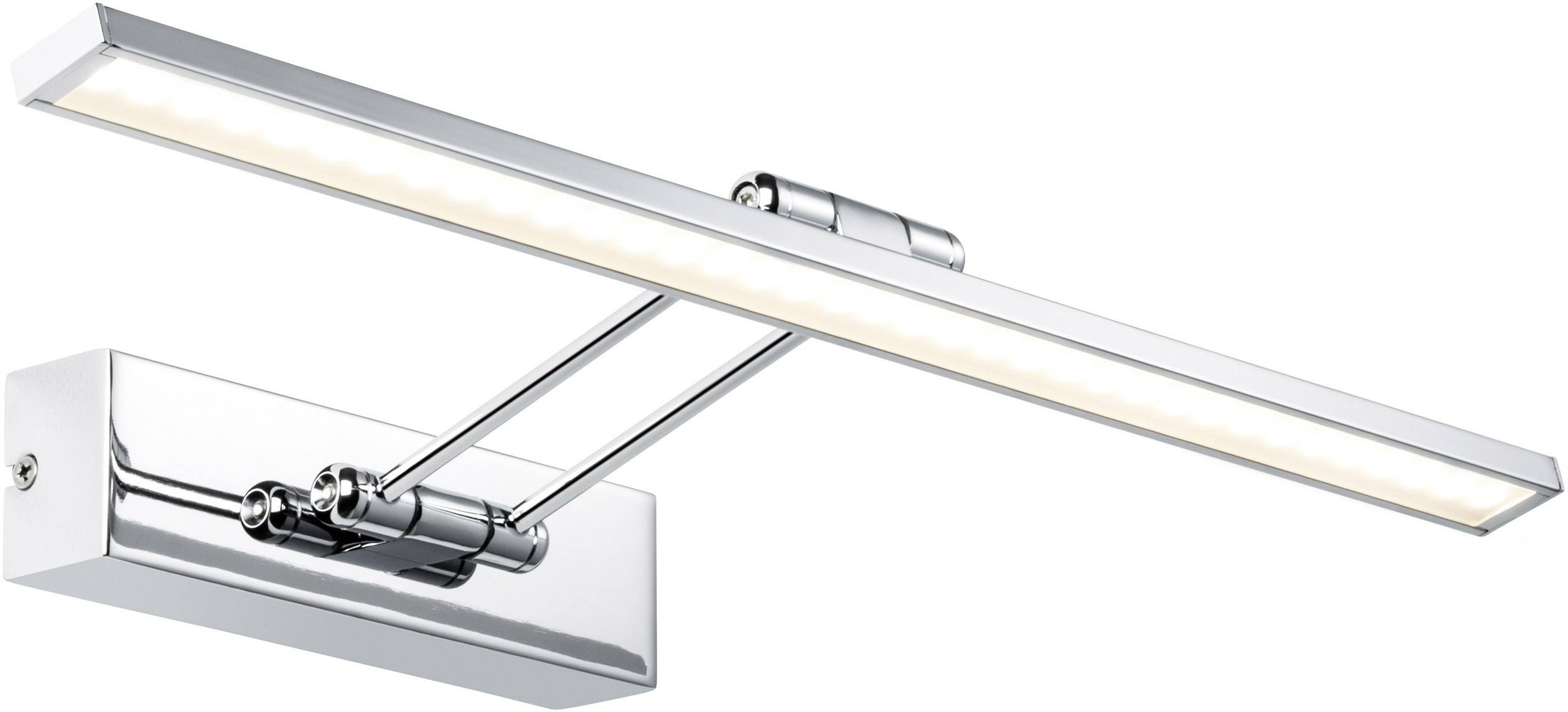 Moderne, verchroomde LED-schilderijlamp met rechthoekige voet en verstelbare arm. Ideaal voor het verlichten van kunstwerken.