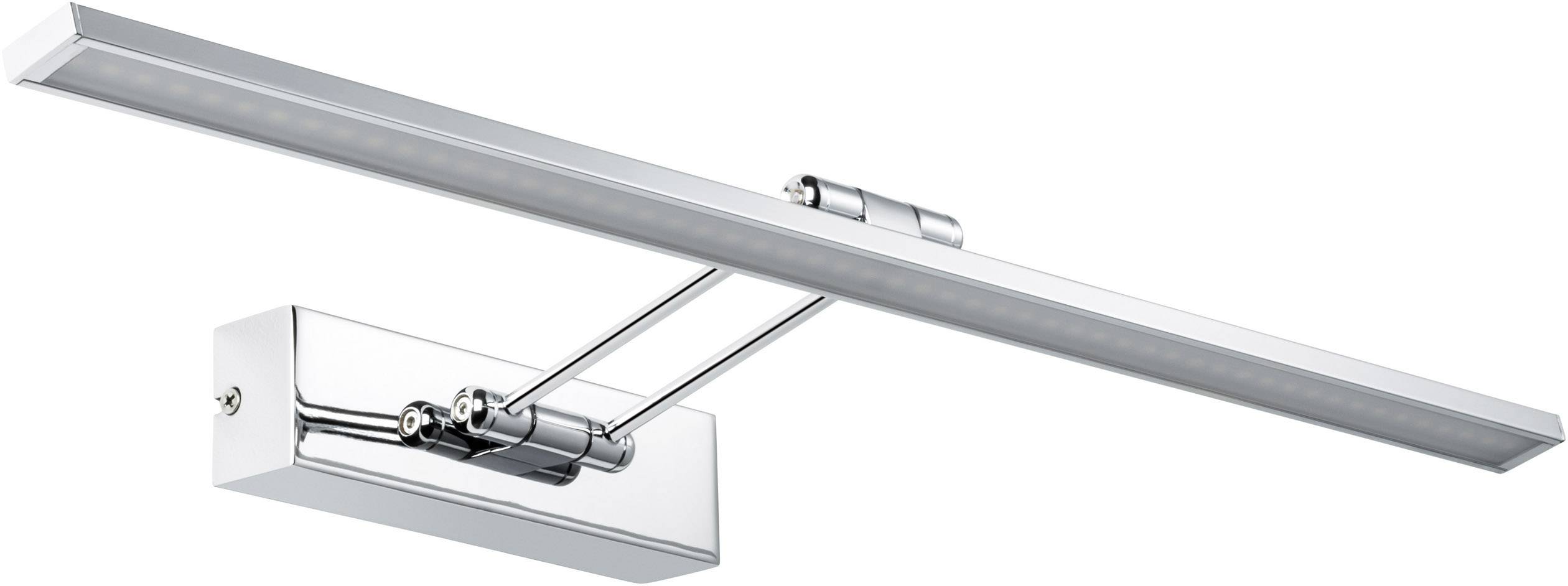 Chroom LED-schilderijlamp met rechthoekige voet en lange, slanke verlichtingsarm. Ideaal voor het verlichten van kunstwerken.