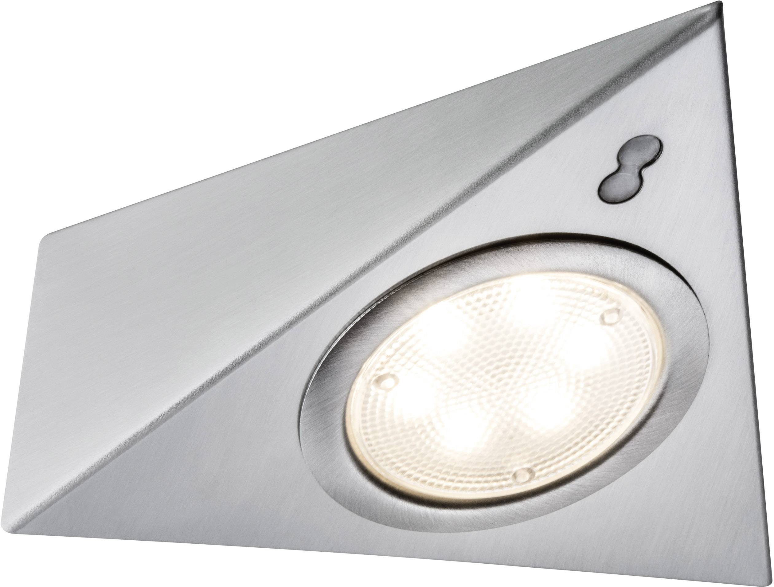 Inbouw-LED-lamp in een driehoekig metalen behuizing, schijnt fel. Ideaal voor accentverlichting in moderne keukens of kantoren.