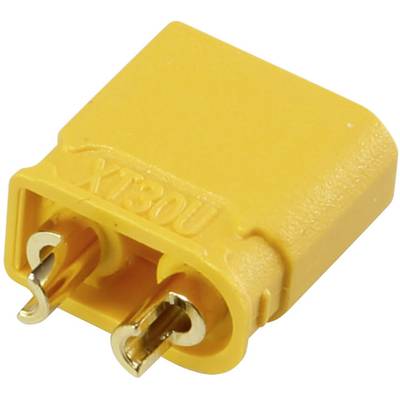 Een gele XT30U-stekker met twee metalen contacten, gebruikt voor het verbinden van kabels, veel voorkomend in hobby-elektronica en modelbouw.