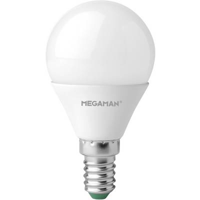 Een LED-lamp met E14-fitting, gemerkt met 'MEGAMAN', op een witte achtergrond. Geschikt voor energiezuinige verlichting.