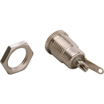 Een metalen verbindingsstuk met bevestigingsmoer, vaak gebruikt in elektronica of techniek.