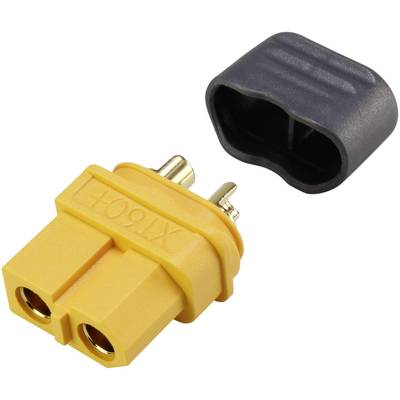 Een gele XT90-stekker met naast zich een zwarte beschermkap. De stekker toont zijn metalen contactpunten, geschikt voor elektrische verbindingen.