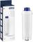 Waterfilter met blauwe dop naast zijn verpakking. Verpakking toont merknaam en de tekst 'Waterfilter'.