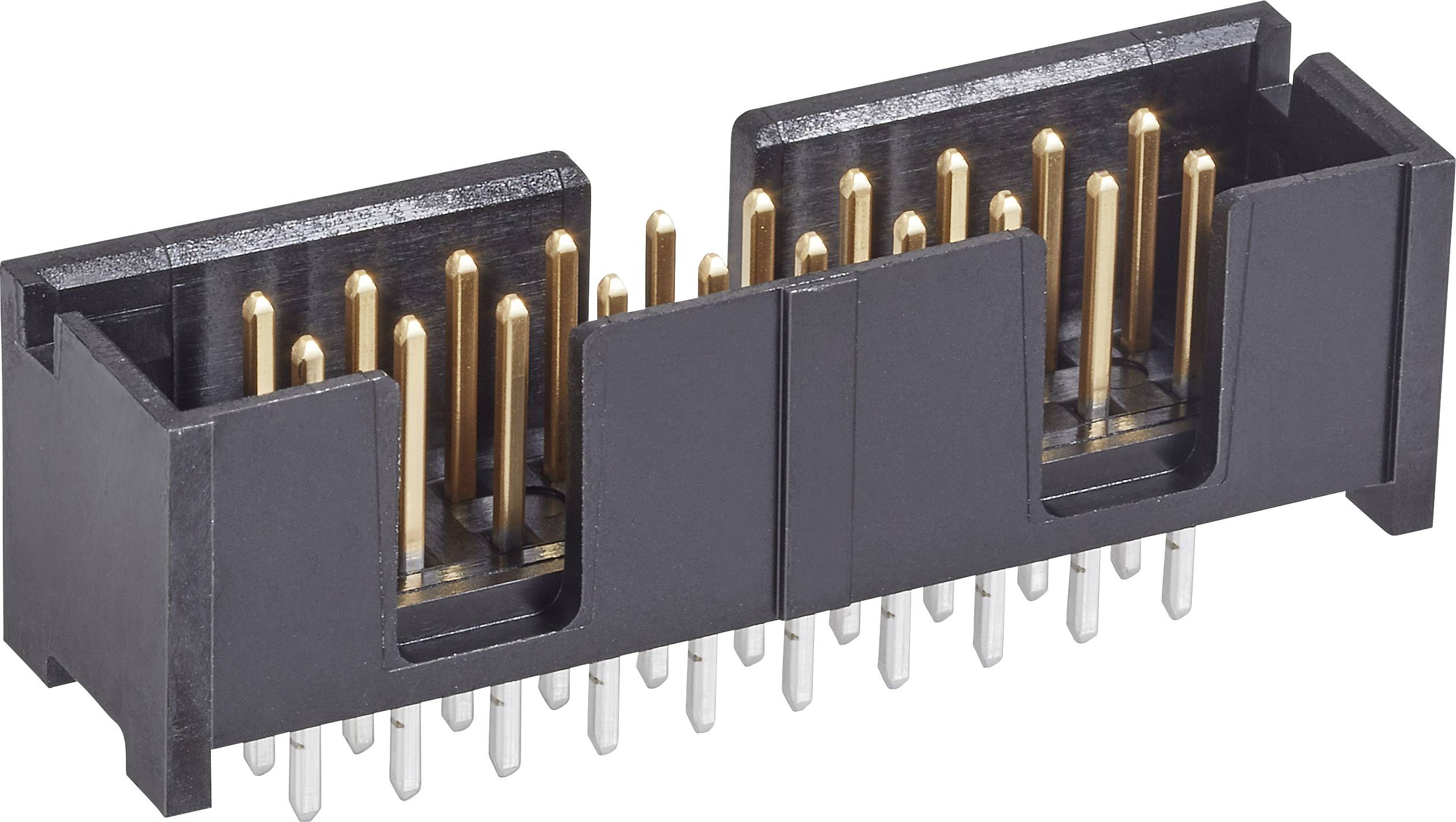 Een zwarte, rechthoekige stekker met metalen pinnen, geschikt voor elektronische verbindingen en technologische toepassingen.