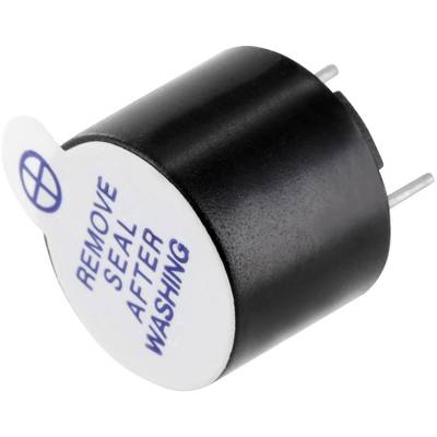 Een kleine, zwarte elektronische zoemer met twee metalen pinnen en een witte afdekking waarop 'VERWIJDER VERZEGELING NA WASSEN' staat.
