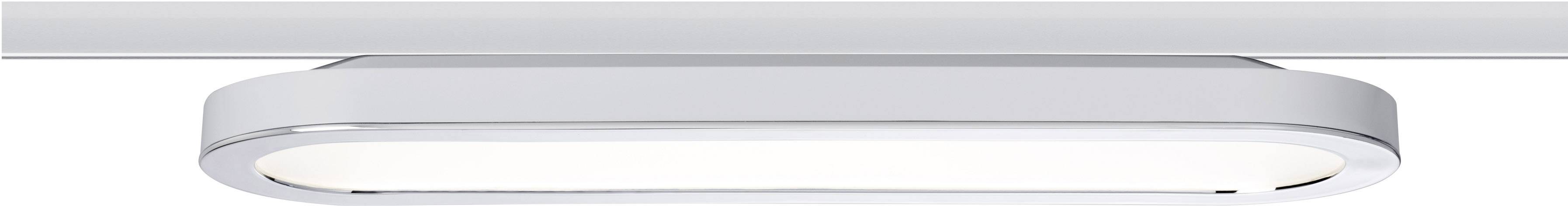 Zilveren, rechthoekige plafondlamp met afgeronde hoeken, gemonteerd op een rail. De lamp geeft helder en gelijkmatig licht.