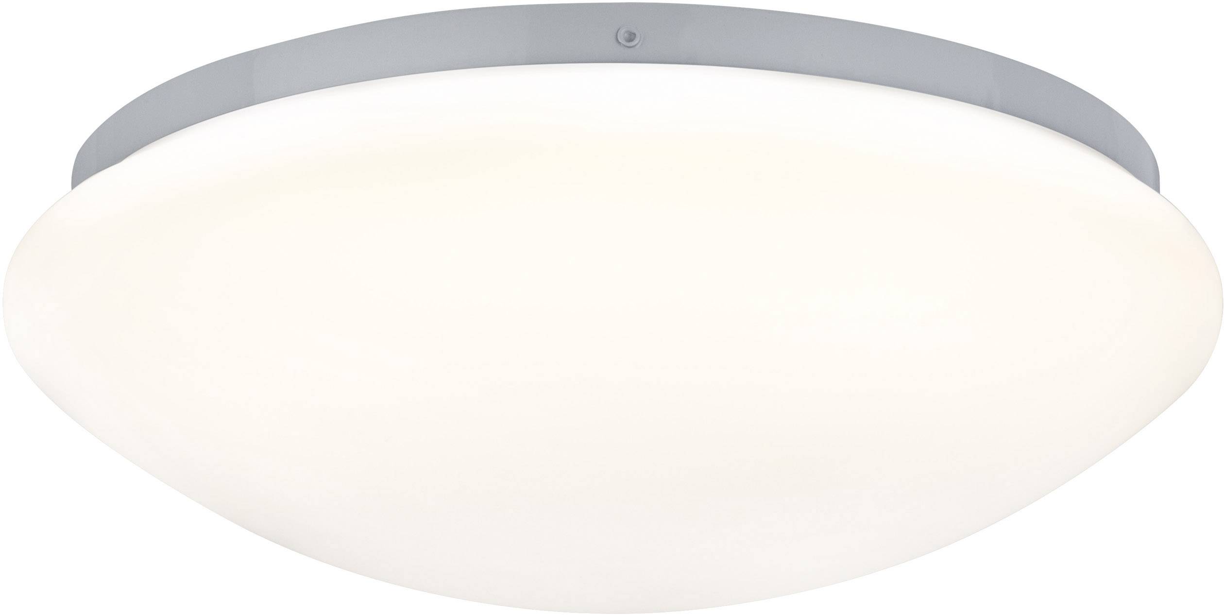 Plafondlamp met een ronde, witte lampenkap in een plat design. Ideaal voor gelijkmatige ruimteverlichting.