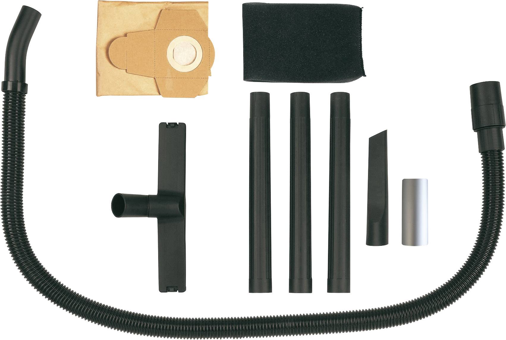 Stofzuiger-accessoires met slang, mondstukken, verlengbuizen en stofzakken.