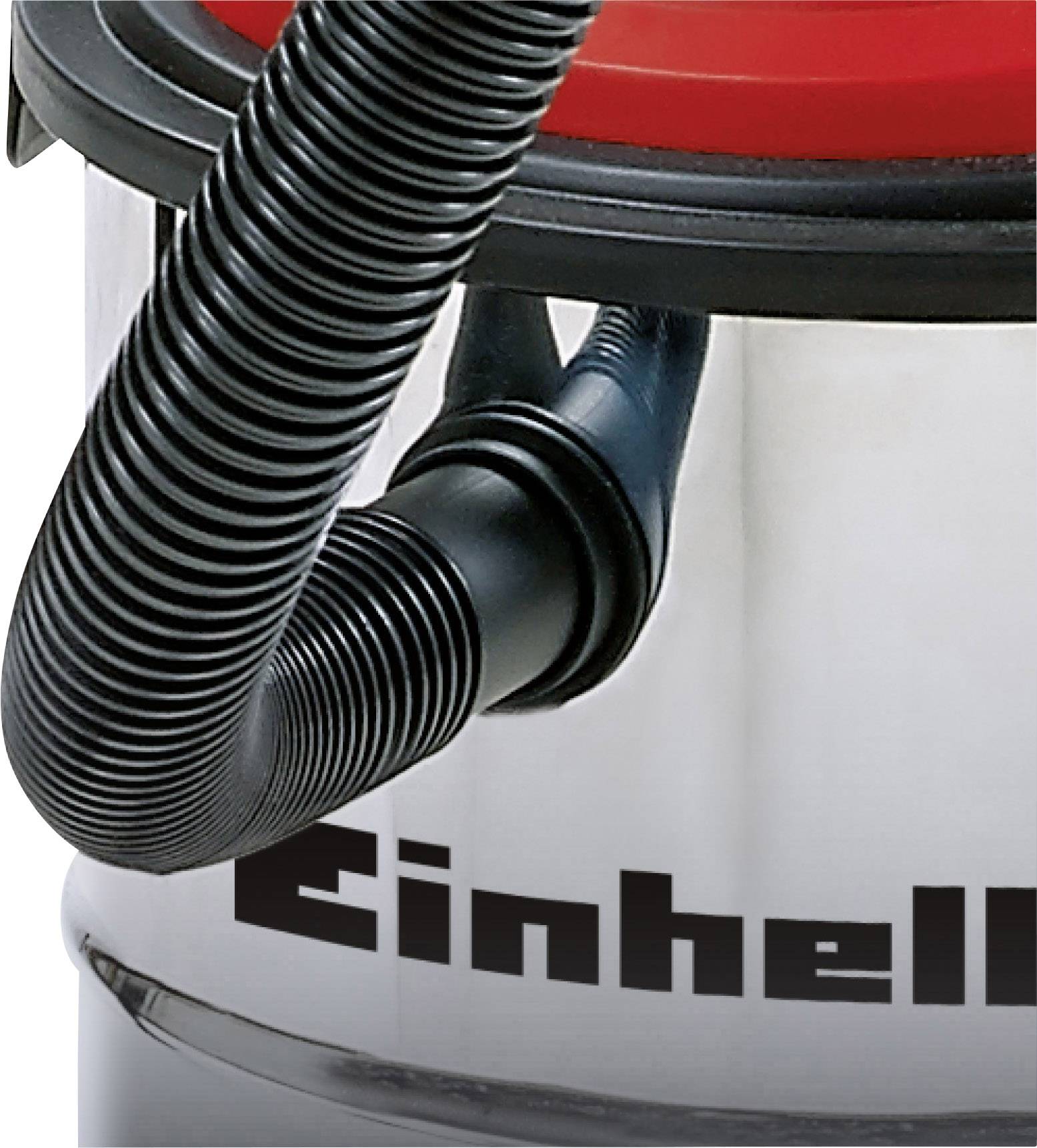 Een stofzuigslang is bevestigd aan een zilveren container met het opschrift 'Einhell'.