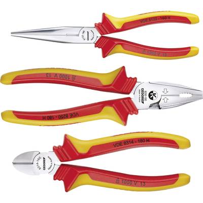 Drie tangen met rode en gele handgrepen. Bovenaan: Platbektang, Midden: Zijkniptang, Onderaan: Combinatietang. Allemaal met VDE-bescherming.