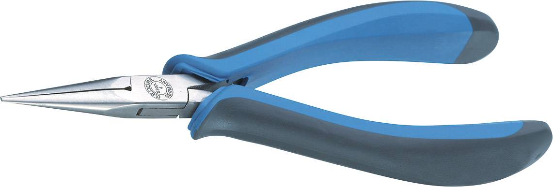 Een puntige tang met blauwe en zwarte handgrepen, geschikt voor precisiewerk, zoals het grijpen of knippen van kleine objecten.