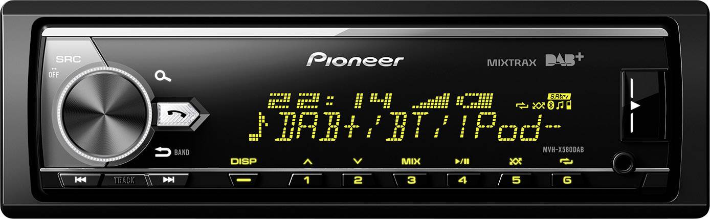 Autoradio-display met digitale tijd 22:14, spelende muziek-cd en gele led-indicator, knoppen voor verschillende functies.