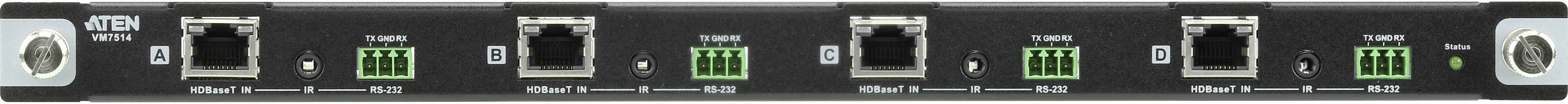 Een zwart rack-apparaat met meerdere aansluitingen en groene stekkerplaatsen aan de voorkant. Het lijkt deel uit te maken van een netwerksysteem.