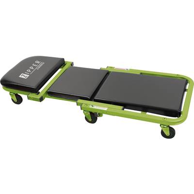 Groene werkplaatsrolplank met zwarte bekleding en wielen, geschikt voor werkzaamheden onder voertuigen.