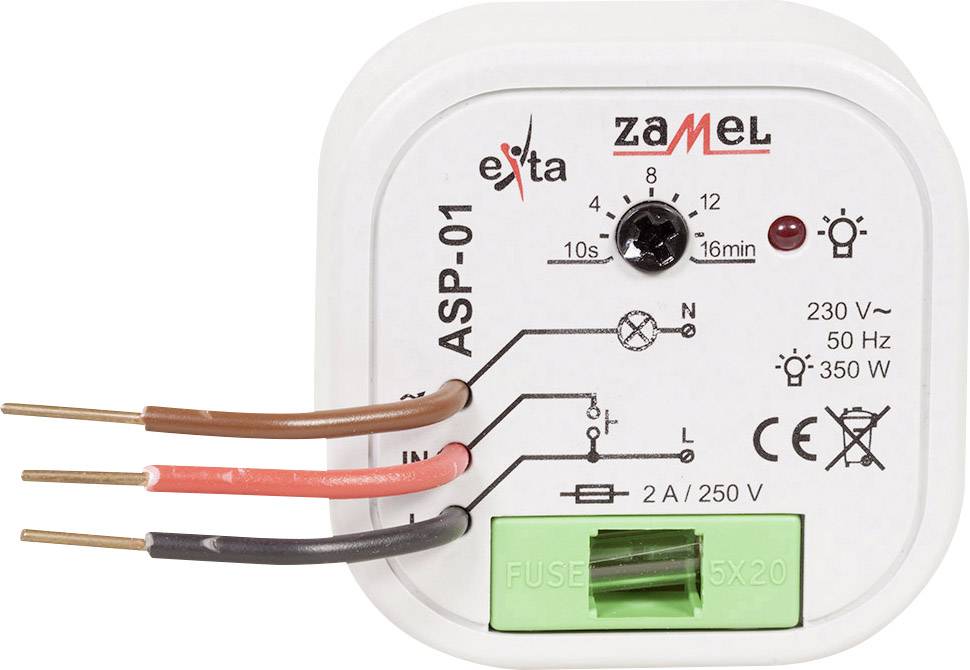 'Zamel ASP-01' Turbotimer met instelwiel voor tijd van 1 tot 16 minuten, twee draden boven, één beneden, aansluitdetails eronder.