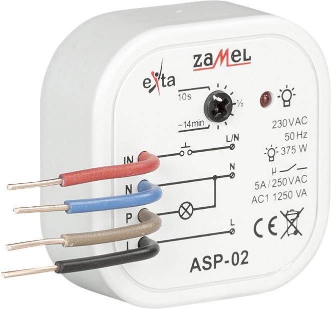 Een elektrisch tijdrelais met kabels, schakelschema en technische specificaties, geschikt voor 230VAC, 5A/250VAC.