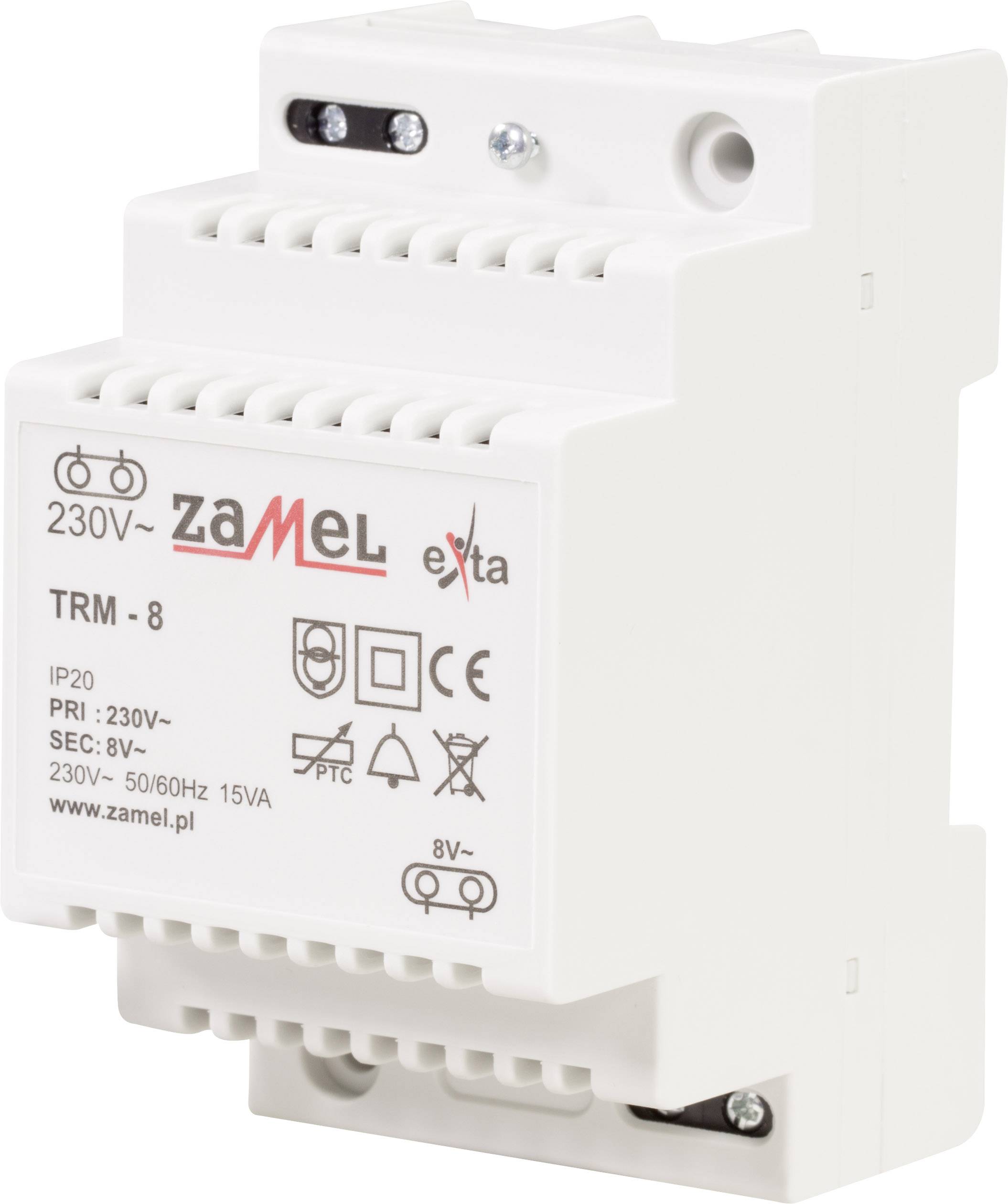 Een wit elektrisch transformatormodule, model 'Zamel TRM-8', met ingangs- en uitganggegevens op de voorkant.