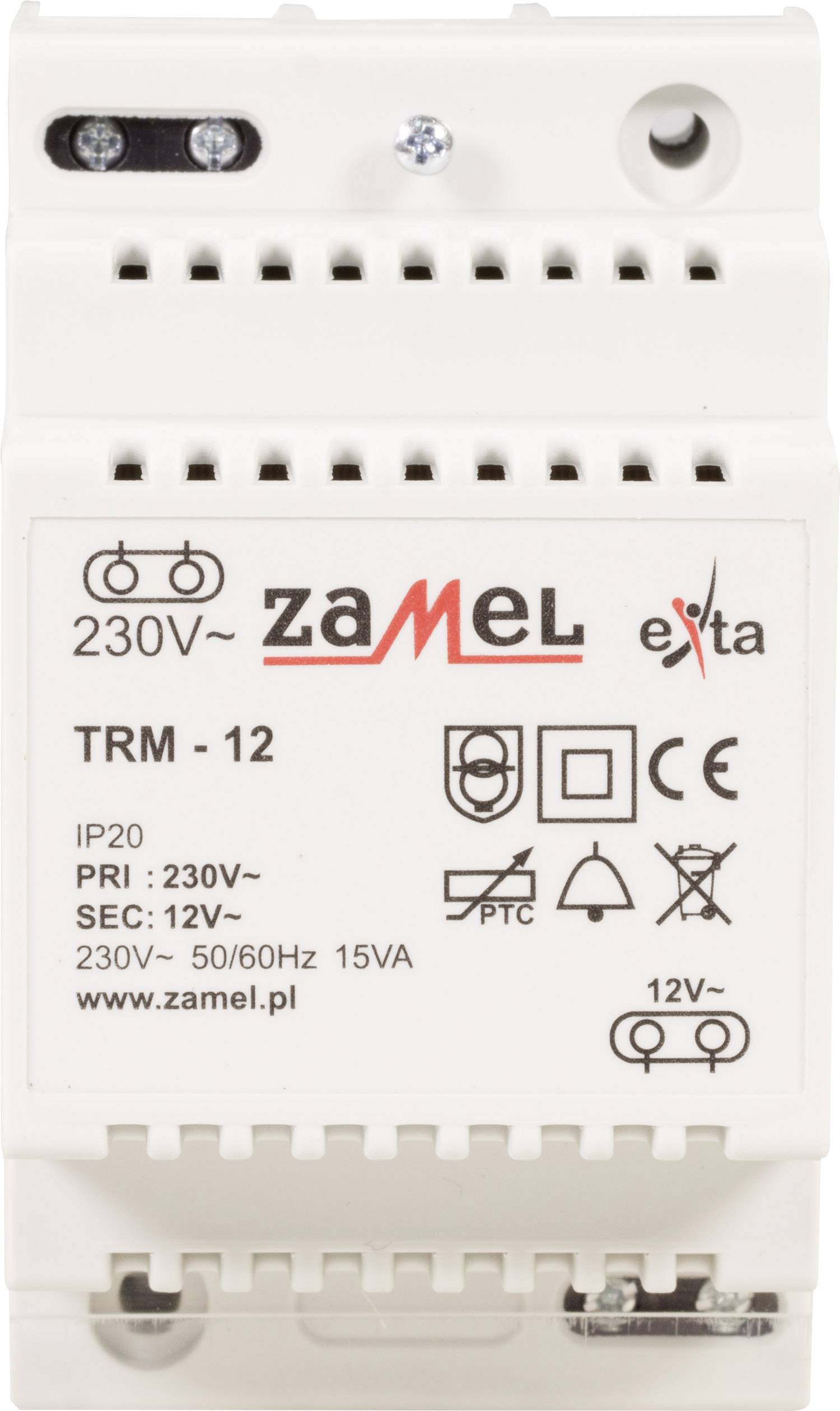 'TRM-12 Transformator van Zamel, Ingang 230V, Uitgang 12V, 50/60Hz, 15VA, Beschermingsgraad IP20, geschikt voor gebruik binnenshuis.'