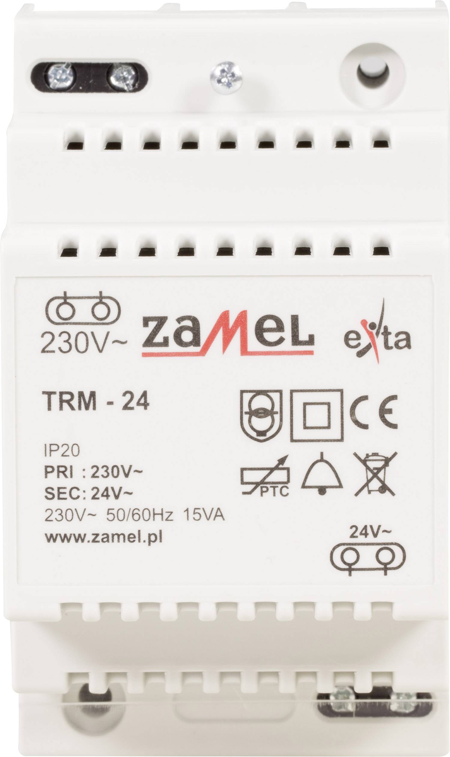 Wit elektrisch onderdeel, TRM-24, toont stroomwaarde 'PRI: 230V, SEC: 24V', met merknaam 'zamel', symbolen en technische specificatie.