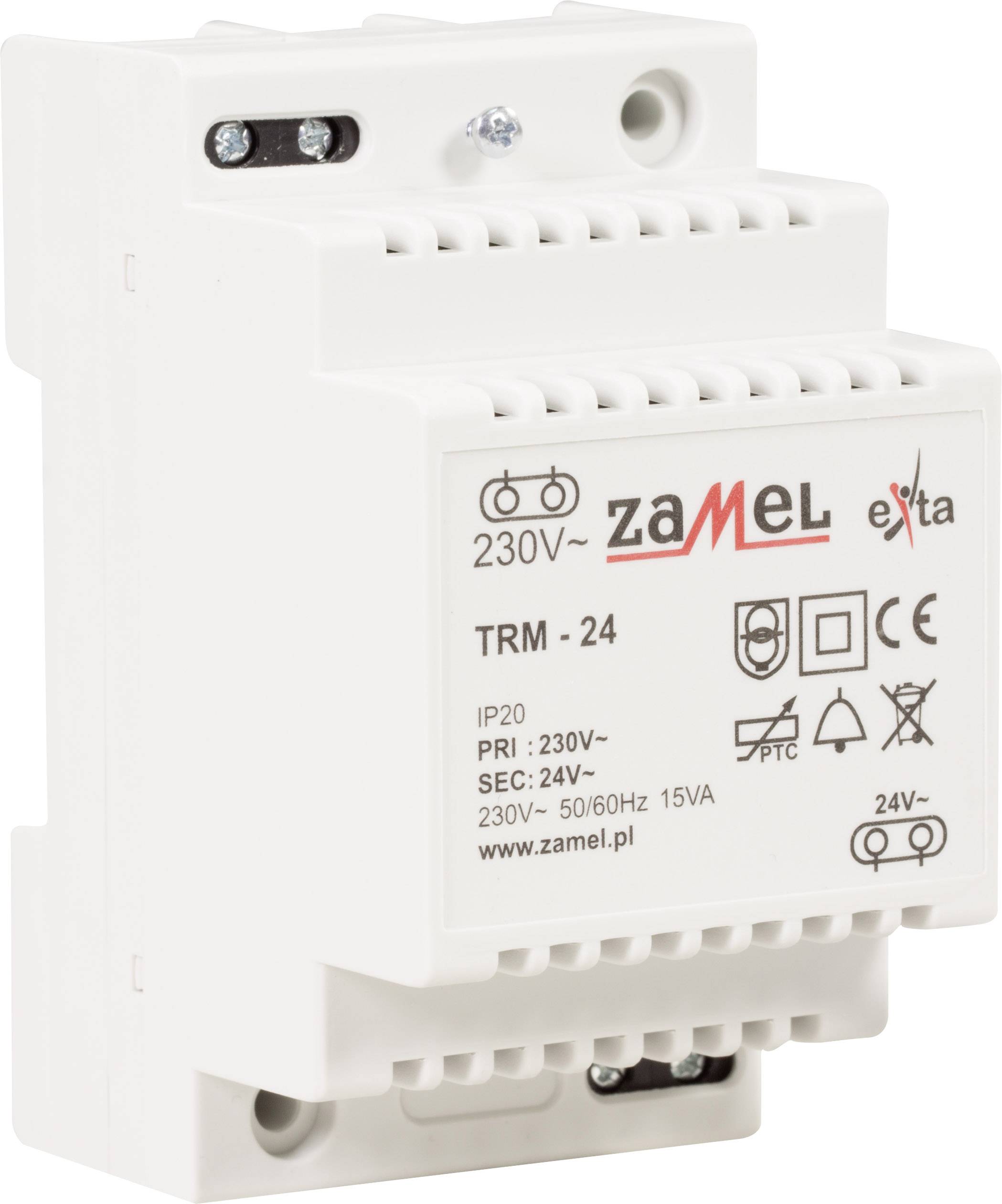 Een witte elektrische transformator van het merk Zamel voor DIN-railmontage. Primair: 230V, Secundair: 24V, Beschermingsgraad: IP20.
