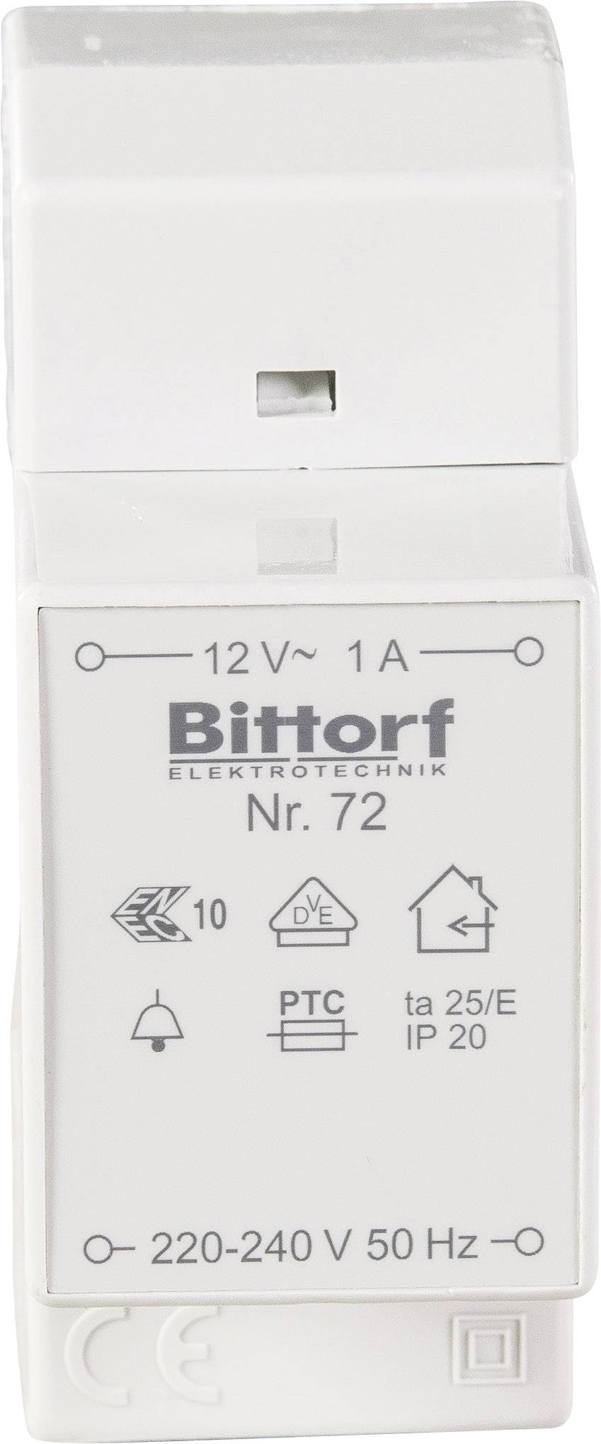 Een witte elektronische zekeringhouder van 'Bittorf' met opdruk '12V~ 1A', 'Nr. 72', symbolen voor zekering, huis en technische details.