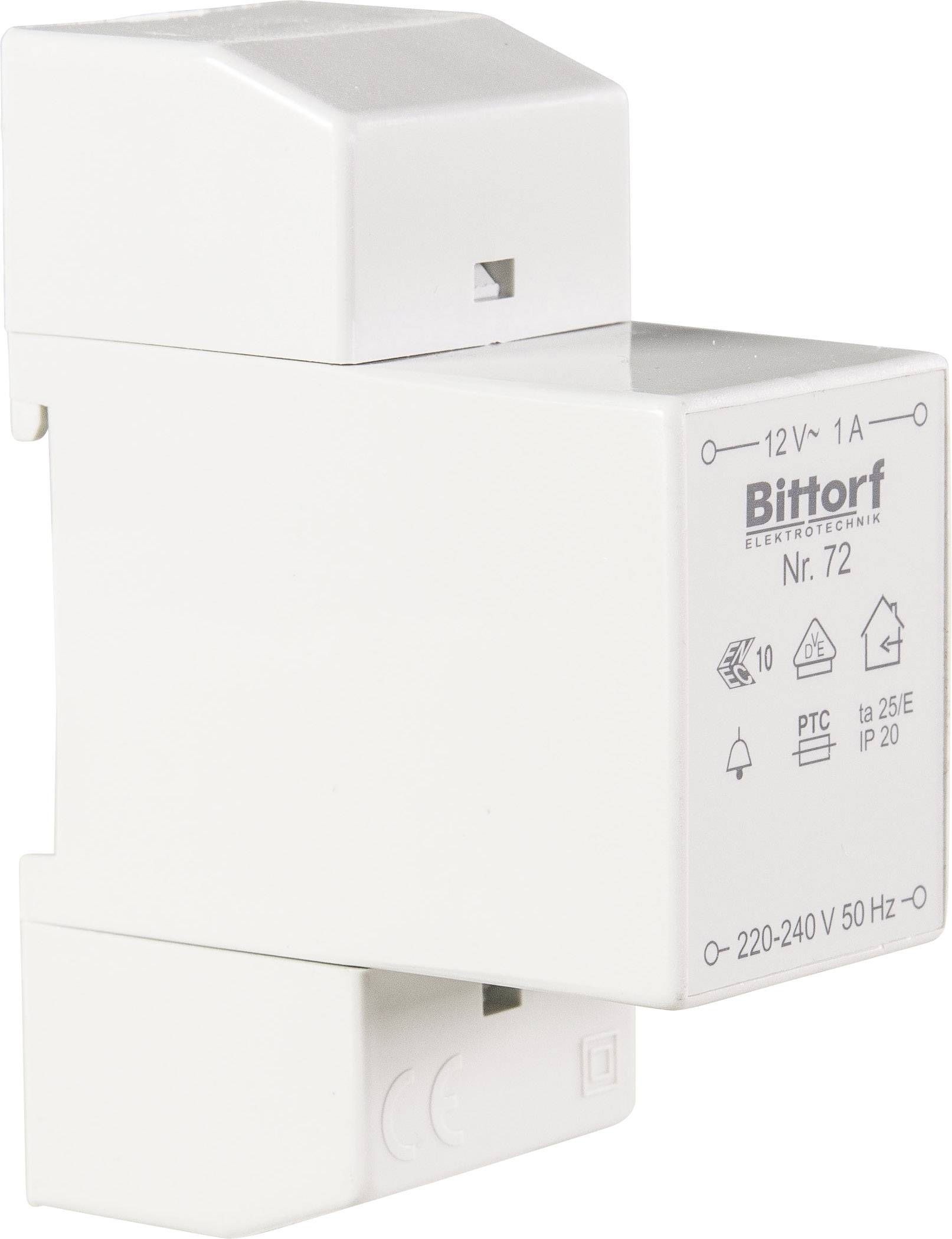 Een wit elektrisch toestel met het opschrift 'Bittorf Elektrotechniek Nr. 72', gespecificeerd met '12V-1A' en '220-240V 50Hz'.