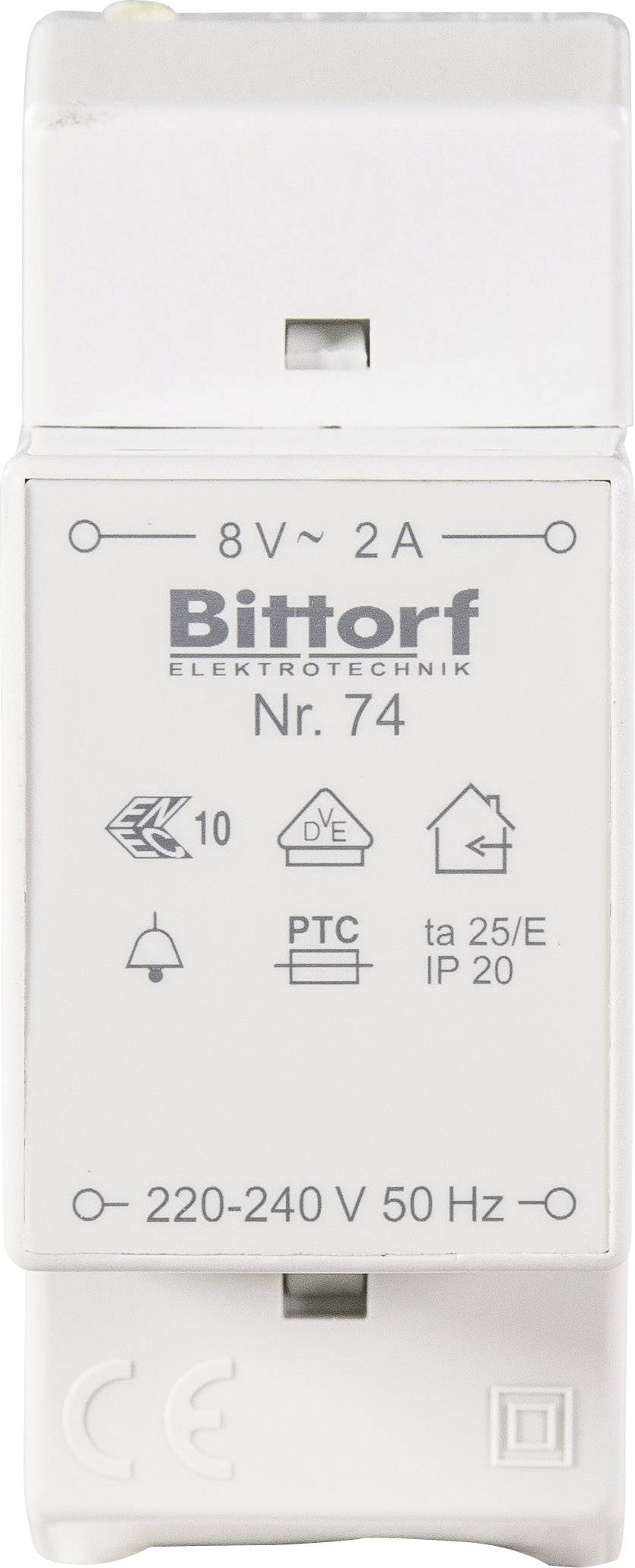 Een elektrische zekeringautomaat met opschrift 'Bittorf Elektrotechniek Nr. 74', spanning 8V~ 2A, IP 20, geschikt voor 220-240V, 50 Hz.
