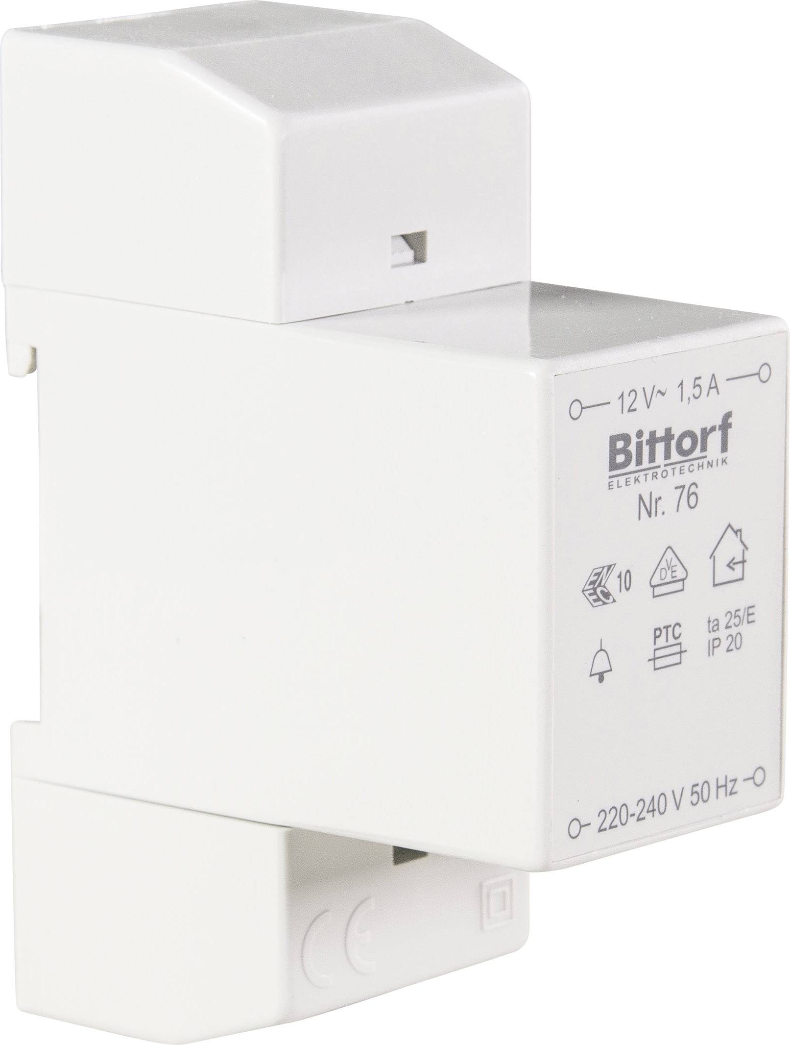 Een wit elektronisch apparaat met de opdruk 'Bittorf Elektrotechniek, Nr. 76', gespecificeerd voor 12V, 1,5A, en 220-240V, 50Hz.