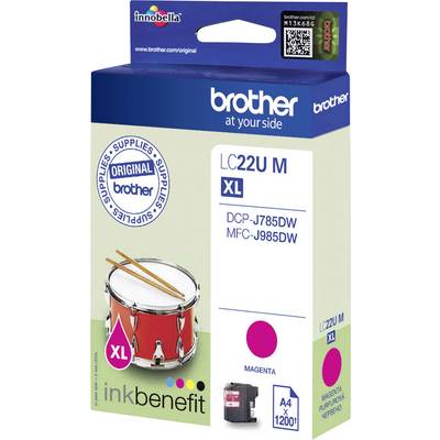 'Inktcartridge Brother LC22U M XL in Magenta, geschikt voor DCP-J785DW en MFC-J985DW. Bevat een rode drum als designelement.'