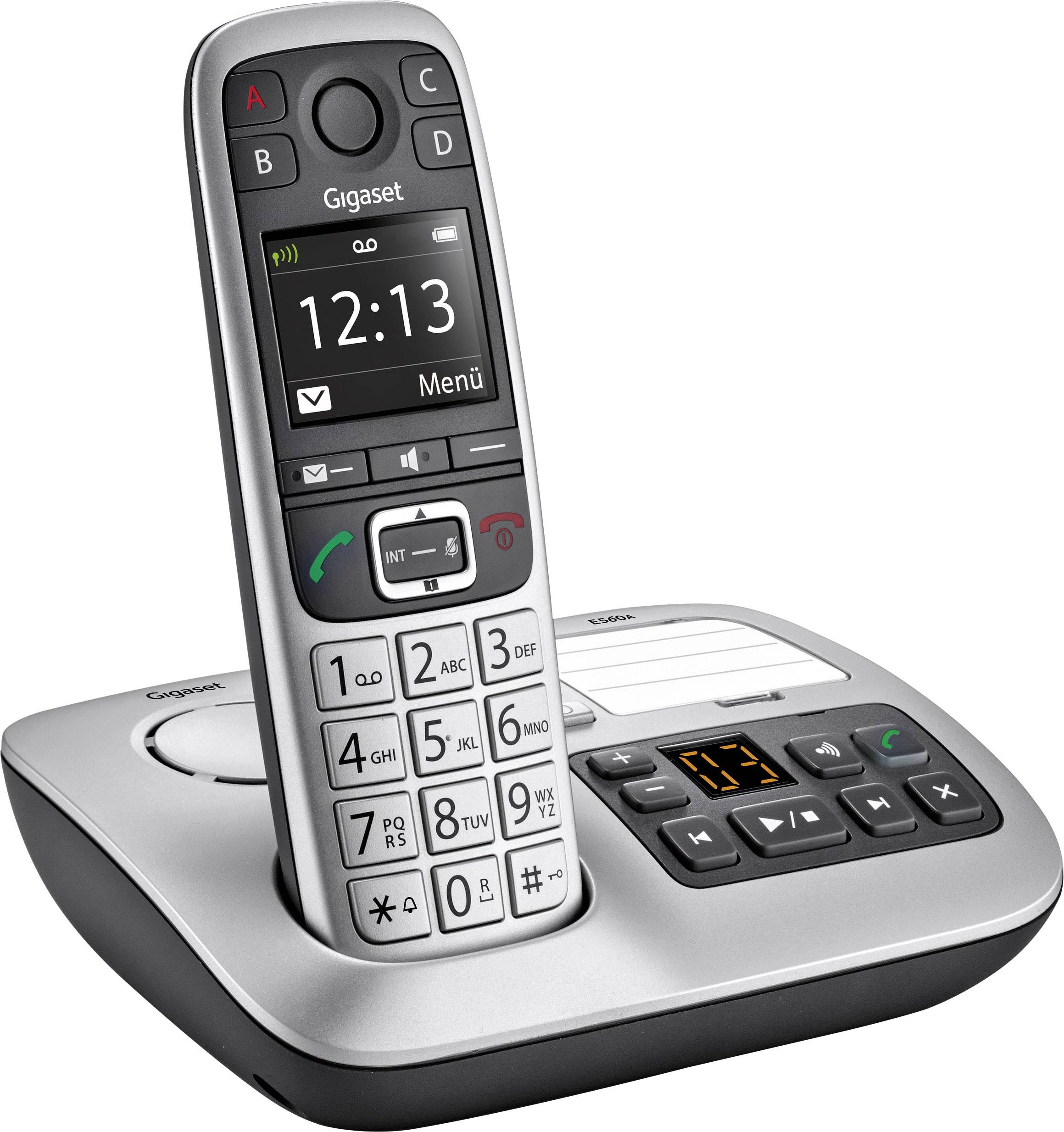 Draadloze telefoon met basisstation, toont tijdstip '12:13' op het display. Bevat toetsen voor het aannemen van oproepen en instellingen.