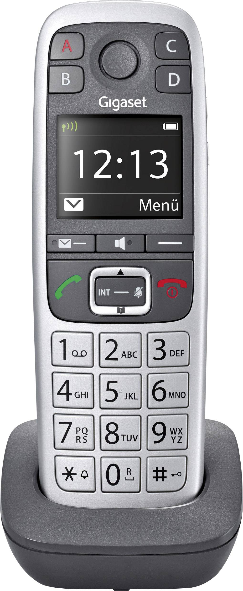 Draadloze telefoon met groot display, toont tijd '12:13', menustructuur en toetsen met nummers en symbolen. Toestel staat in laadstation.