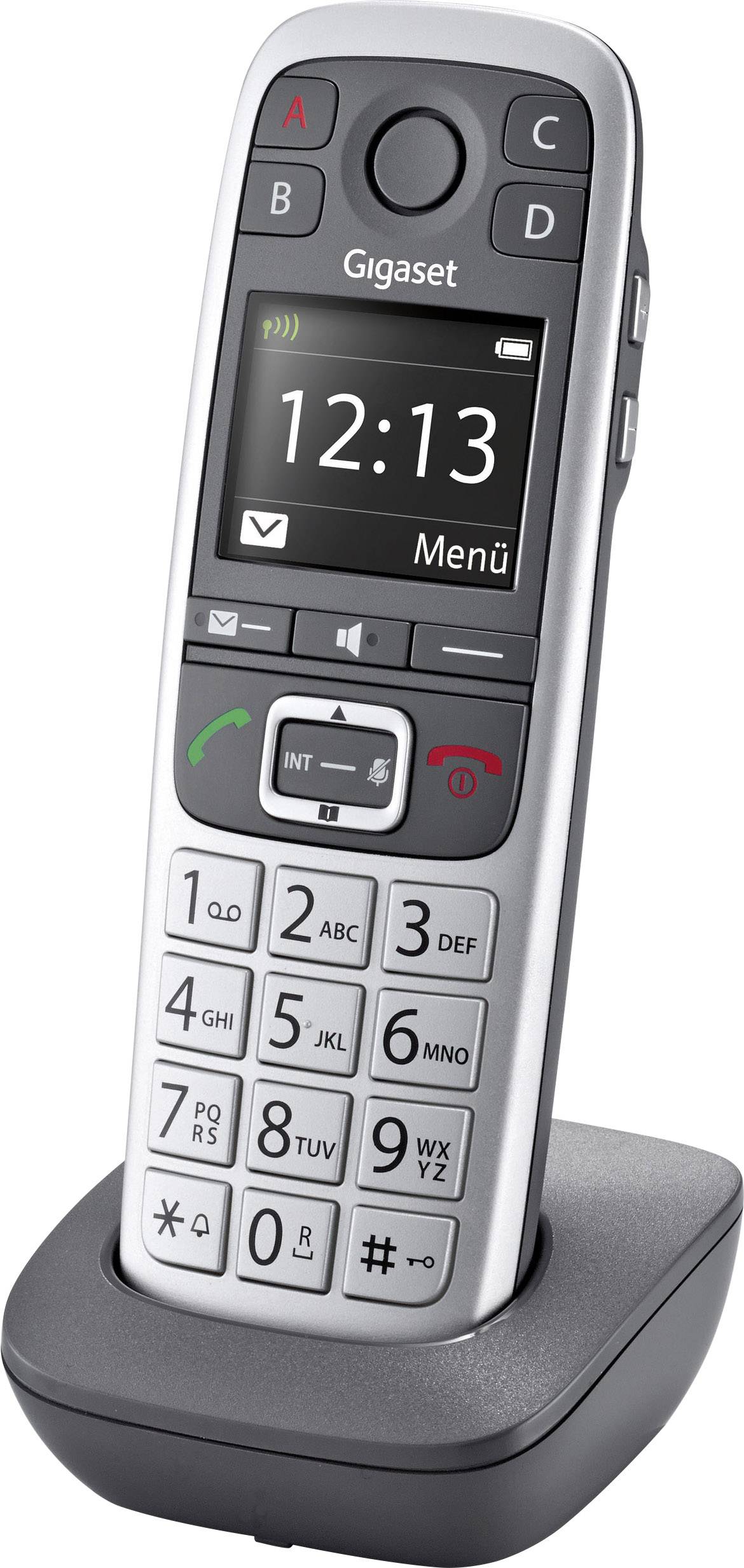 Een draadloze telefoon in het laadstation, met een monochraam display dat de tijd '12:13' aangeeft. Toetsen met cijfers en symbolen.