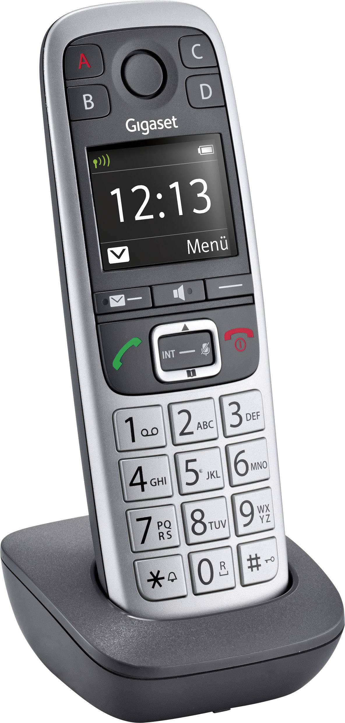 Een draadloze vaste telefoon van Gigaset in een laadstation met een display dat de tijd 12:13 en het woord 'Menu' toont.