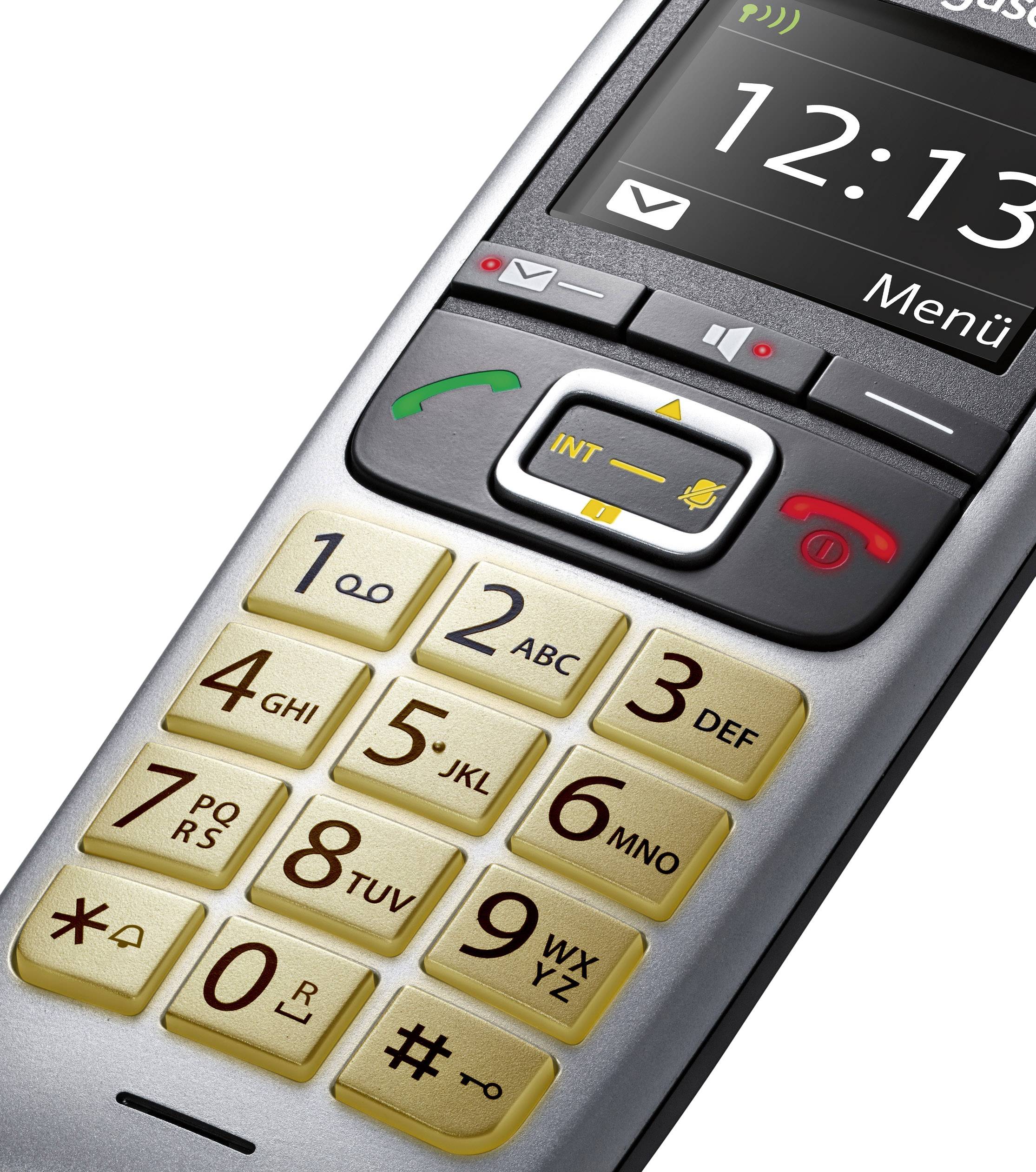 Een eenvoudige mobiele telefoon met grote toetsen en een helder display dat de tijd en het menu toont. Ideaal voor senioren.