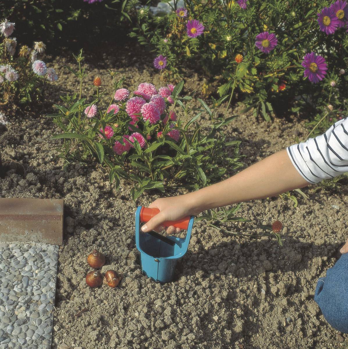 Een persoon plant bloembollen in een tuin, omringd door bloeiende bloemen. Een boor wordt gebruikt om gaten in de grond te maken.