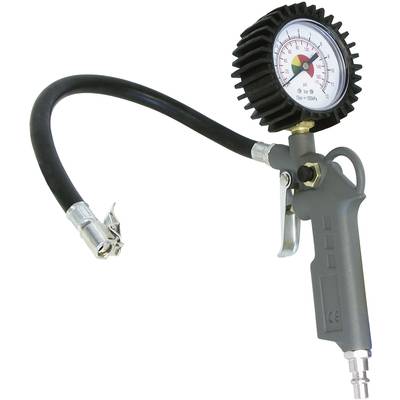 Digitaal bandenpomp met manometer, zwarte slang en metalen klem, geschikt voor het meten en oppompen van autobanden.