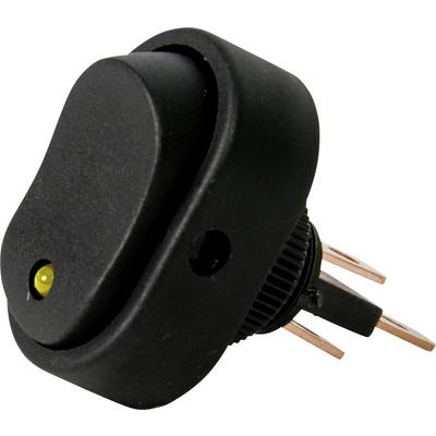 Een zwarte schakelaar met een klein geel lampje. De schakelaar heeft drie kopercontacten voor elektrische verbinding.