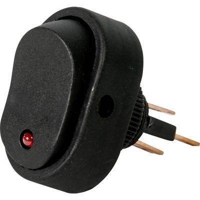 Zwarte wipschakelaar met rood signaallicht en kopercontacten, voor het bedienen van elektrische apparaten.