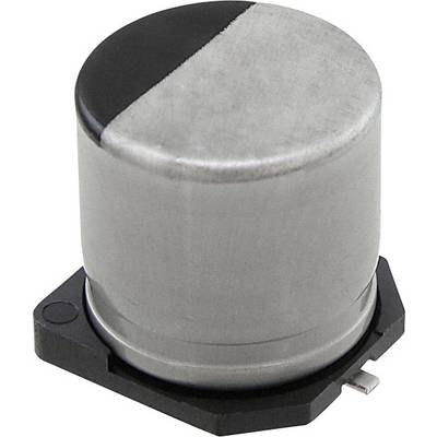 Een cilindrische elektronische component op een zwarte voet. De bovenkant is voor de helft zwart en voor de helft zilver.