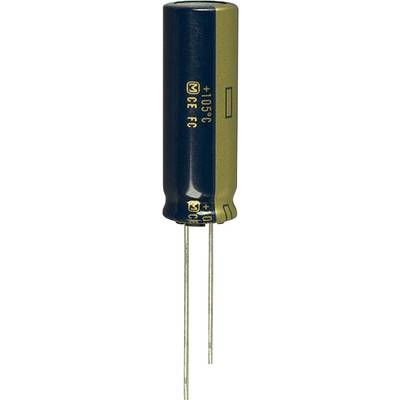 Een cilindrische elektrolytcondensator met twee aansluitdraden en gedrukte technische specificaties.