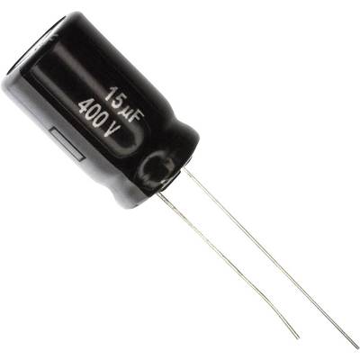 Een zwarte cilindrische elektrolytcondensator met de opdruk '15µF 400V', twee draadaansluitingen steken uit.