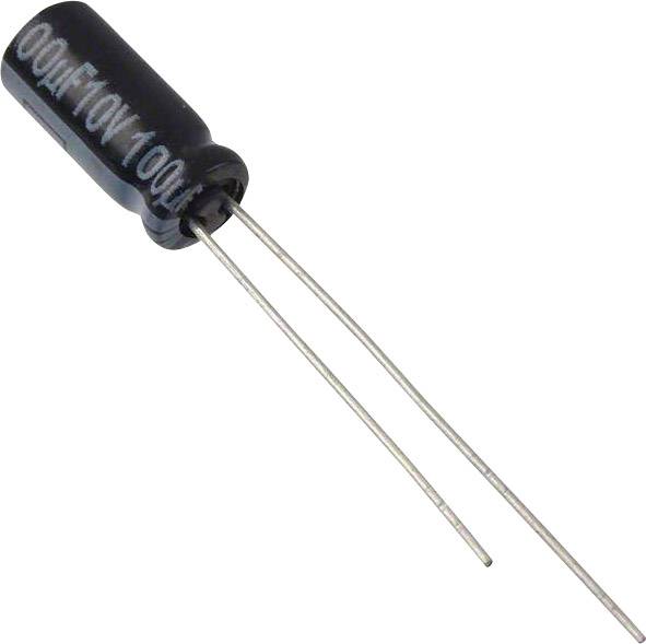Een zwarte, cilindrische elektrolytcondensator met het opschrift '100V 10µF', twee metalen poten steken uit.