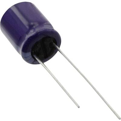 Een blauwe elektrolytische condensator met twee metalen aansluitingen, voor een witte achtergrond.